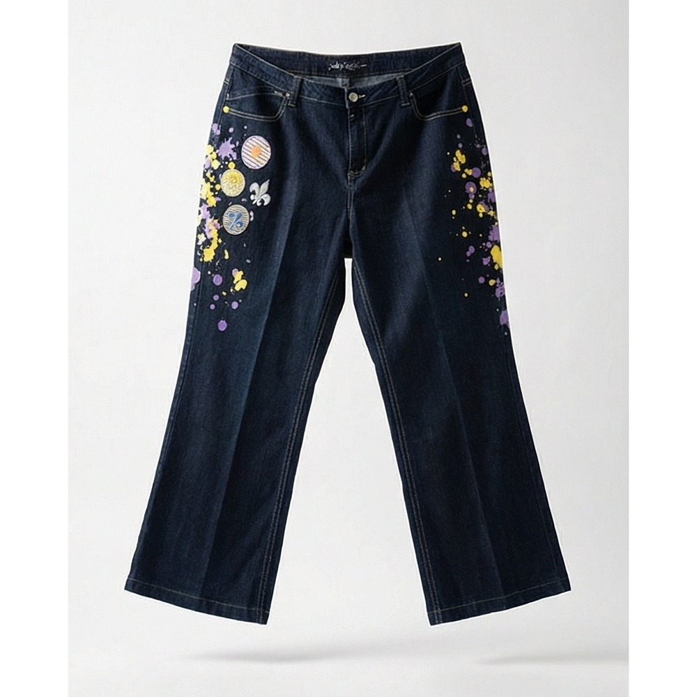 Jamie Nicole Womens 20 Dark Wash Paint Splatter Fleur De Lis Wide Leg Jeans